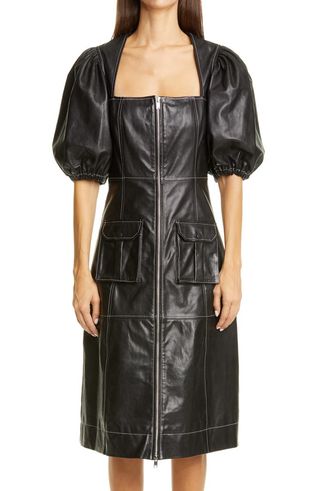 Ganni + Puff Sleeve Leather Dress