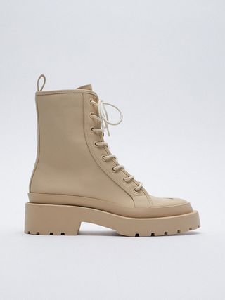 Zara + Rubberized Low Heel Lace-Up Ankle Boots