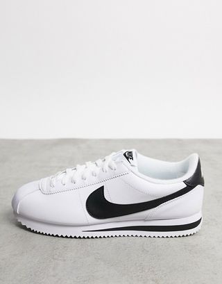 Nike + Cortez Leather Trainers in White With Black Swoosh