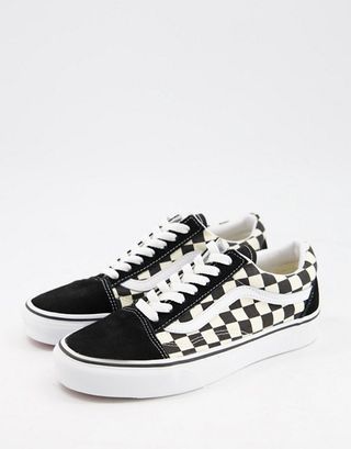 Vans + Old Skool Platform Checkerboard Trainers in White/Black