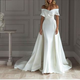 Etsy + Elegant Satin Plain Off-The-Shoulder Wedding Dress Wedding