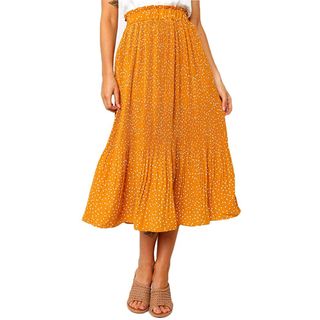 Exlura + High Waist Polka Dot Pleated Skirt Midi Maxi Swing Skirt With Pockets
