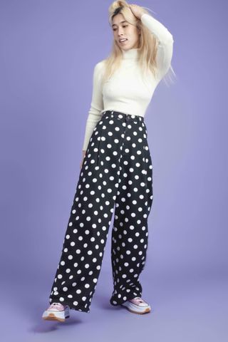 Lucy & Yak + Cole Wide Leg Jeans in Black & White Polka Dots