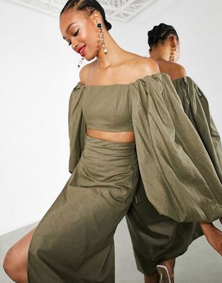 ASOS + Khaki Off-Shoulder Crop Top and Midaxi Skirt
