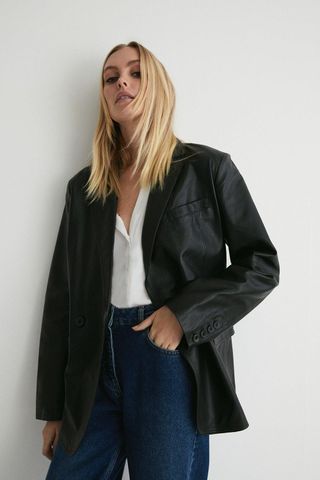 Warehouse + Real Leather Double Breasted Relaxed Blazer