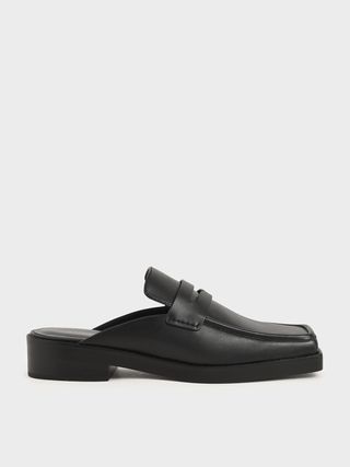 Charles & Keith + Black Square Toe Penny Loafer Mules