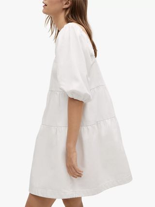 Mango + Puff Sleeve Tiered Cotton Dress, White