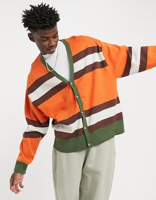 ASOS + Knitted Oversized Stripe Cardigan in Orange