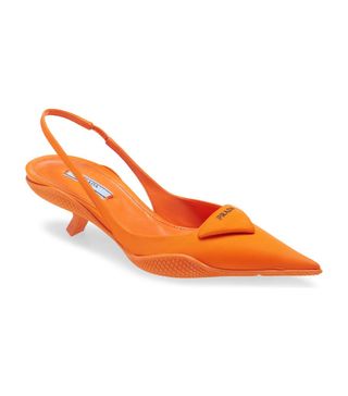 Prada + Triangle Logo Pointed Toe Slingback Pump