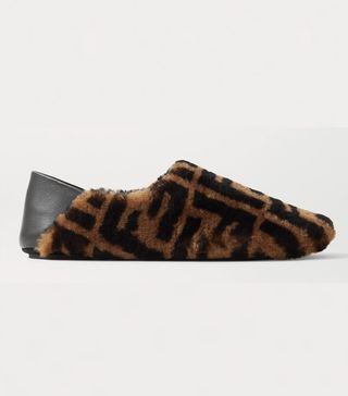 Fendi + Leather-Trimmed Logo-Print Shearling Collapsible-Heel Slippers