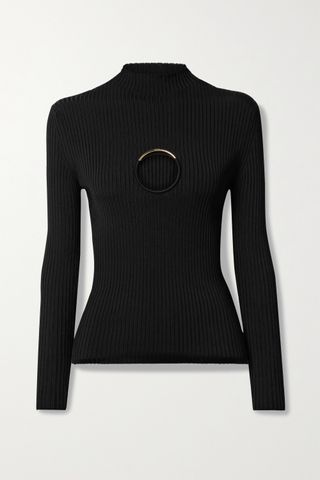Versace + Embellished Cutout Ribbed-Knit Sweater