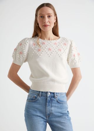 & Other Stories + Embroidered Puff Sleeve Knit Sweater