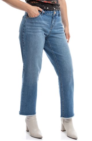 1822 Denim + High Waist Raw Hem Straight Leg Jeans