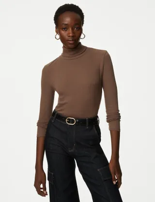 M&S Collection + Cotton Rich Roll Neck Ribbed Top