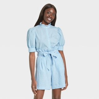 Who What Wear x Target + Puff Elbow Sleeve Ruffle Detail Top in Blue Gingham