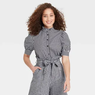 Who What Wear x Target + Puff Elbow Sleeve Ruffle Detail Top in Black Gingham