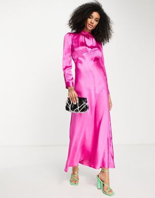 Asos Design + High Neck Maxi Satin Tea Dress in Hot Pink