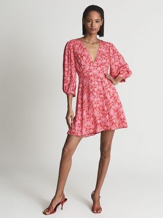 Reiss + Reiss Coral Daisy Puff Sleeve Print Mini Dress