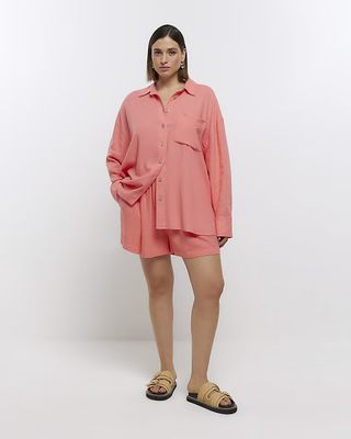 River Island + Plus Pink Oversized Shirt With Linen