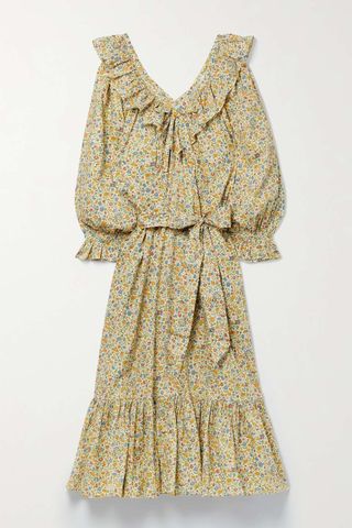Dôen + Veredis Belted Ruffled Floral-Print Cotton Midi Dress
