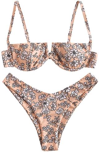 Zaful + Floral V-Wired Underwire High Leg Two Piece Bikini Set Swimsuit