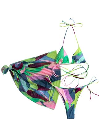 Soly Hux + Color Block Halter Tie Side Bikini With Cover Up