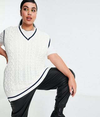 In the Style Plus x Saffron Barker + Cable Knit Slit Sweater Vest in Cream