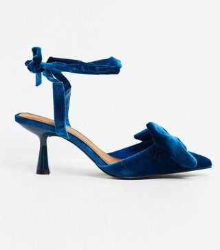 ASOS Design + Wide Fit Wavey Bow Mid Heels in Teal Velvet