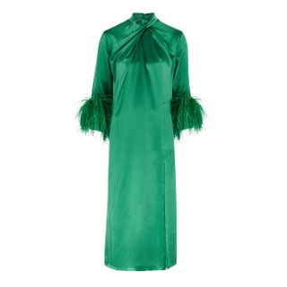 16 Arlington + Fujiko Green Feather-Trimmed Satin Midi Dress