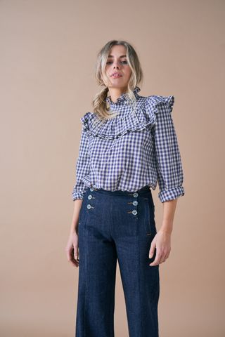 Seventy + Mochi + Victoria Blouse in Handwoven Navy Gingham