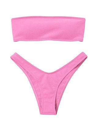 Zaful + Strapless Ribbed High Cut Bandeau Bikini Set