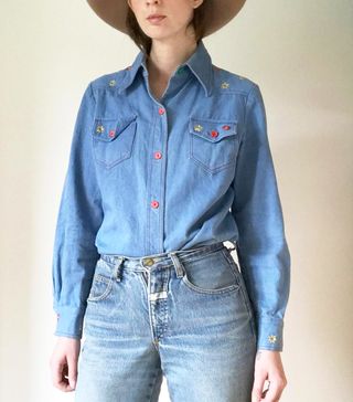 Vintage + Embroidered Blue Denim Western Shirt