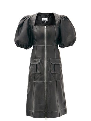Ganni + Puff-Sleeved Zipped Leather Midi Dress