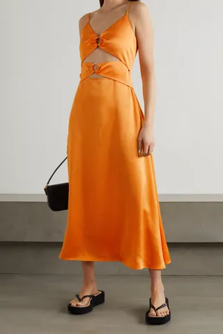 Anna Quan + Carina Cutout Embellished Hammered-Satin Midi Dress