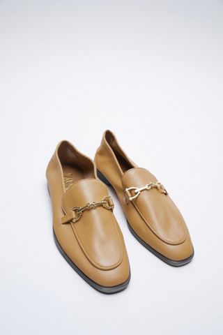 Zara + Buckled Low Heel Leather Loafers