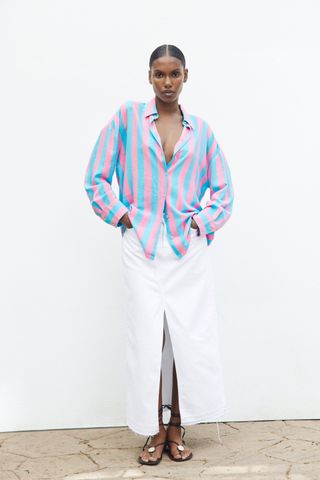 Zara + Striped Oversize Linen-Blend Shirt