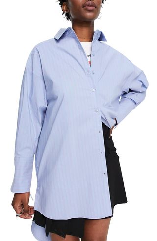 Topshop + Stripe Button-Up Cotton Blend Tunic Blouse