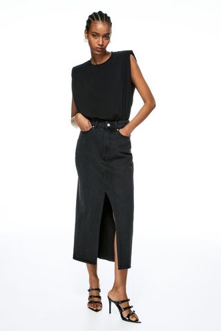 H&M + Slit-Front Denim Skirt