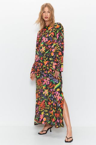 Warehouse + Petite Mixed Floral Flute Sleeve Jacquard Midi Dress