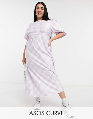ASOS Design Curve + Satin Puff Sleeve Open Back Midi Tea Dress in Soft Check