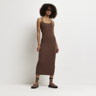 River Island + Brown Knitted Bodycon Midi Dress