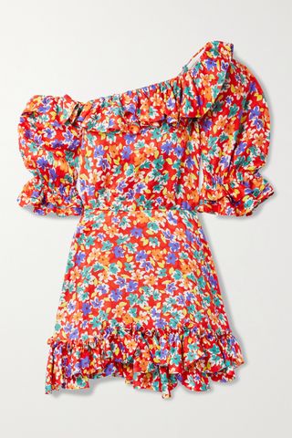Saint Laurent + One-Shoulder Ruffled Floral-Print Silk-Satin Jacquard Mini Dress