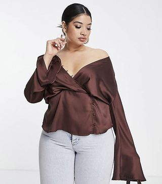 ASOS + Curve Drape Long Sleeve Top With Button Keyhole Detail and Peplum Hem in Chocolate