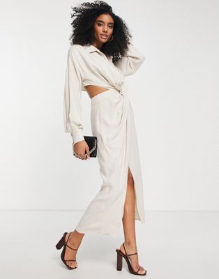 ASOS + Edition Linen Drape Wrap Shirt Midi Dress With Open Back in Natural