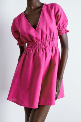 Zara + Linen Blend Dress With Elastic Waistband