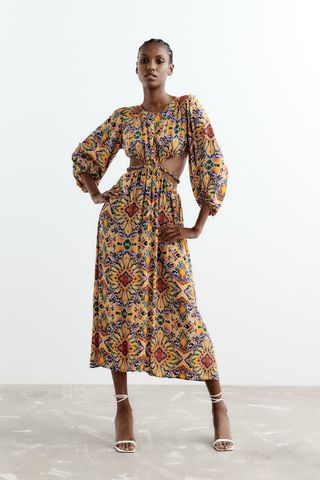 Zara + Printed Dress with Cut-Out Detail