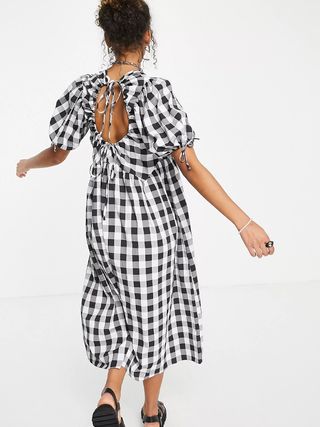 ASOS Design + Gingham Midi Smock Dress With Puff Sleeve and Open Back