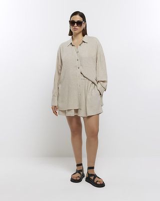 River Island + Plus Stone Oversized Shirt With Linen