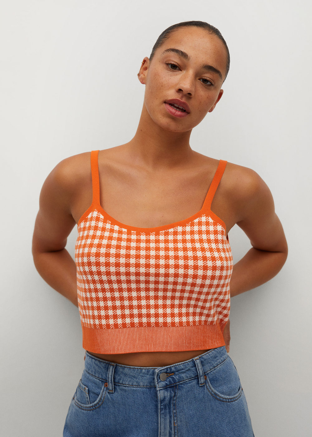 Violeta by Mango + Gingham Print Knitted Top