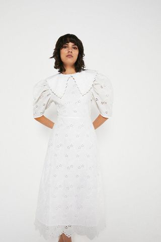 Warehouse + Midi Dress in Broderie With Collar